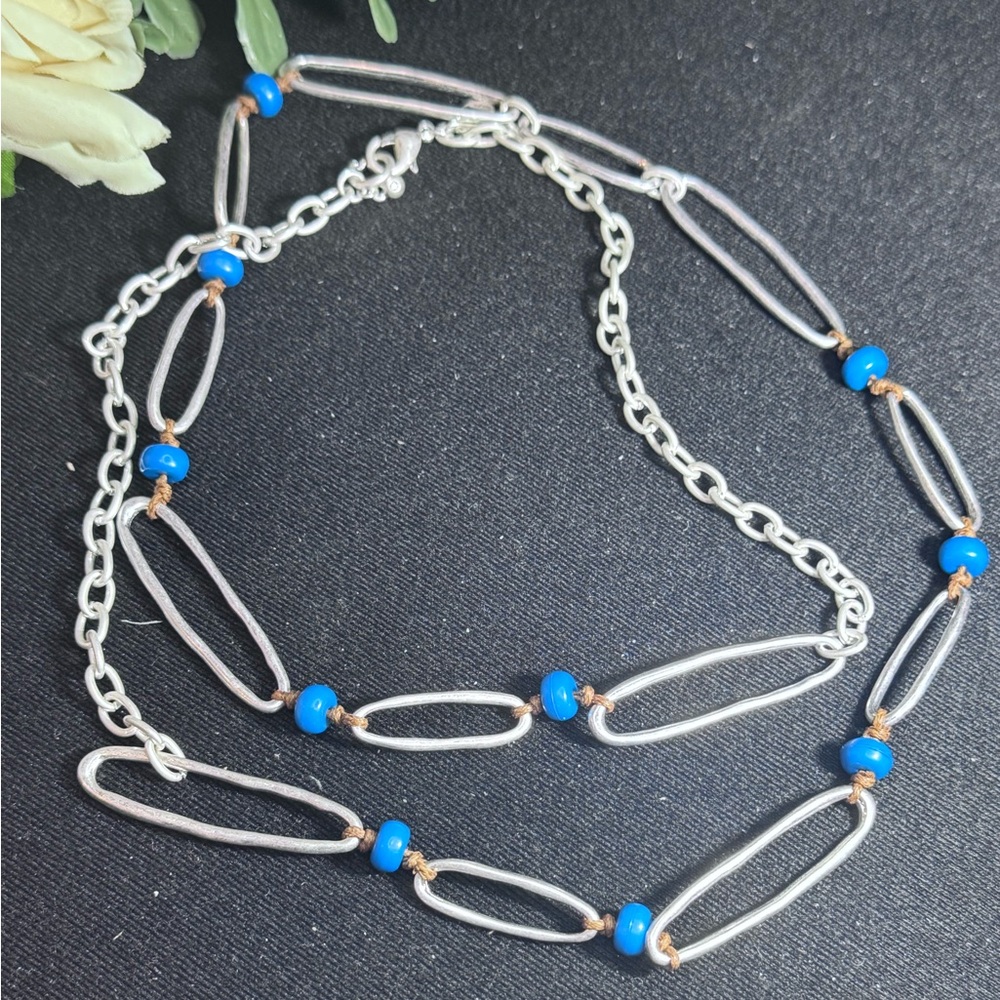 NWOT Chico's Blue and Brown Wood Beads on Silver Link Necklace 36 inch